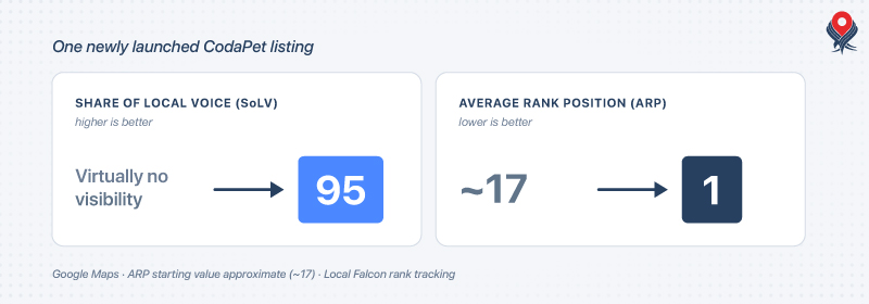 A new CodaPet listing climbing from no visibility to rank 1